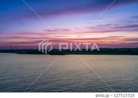 Serene Nile River Sunset Esna Lock Aswan Egypt Landscape. 127515728
