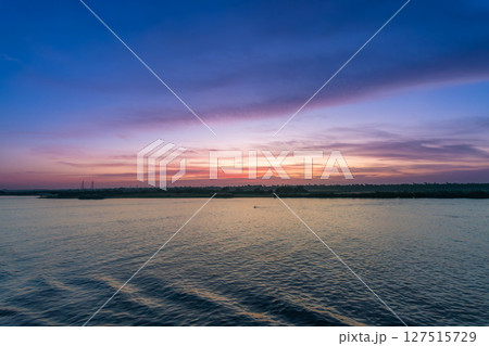 Serene Nile River Sunset Esna Lock Aswan Egypt Landscape. 127515729