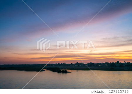 Serene Nile River Sunset Esna Lock Aswan Egypt Landscape. 127515733