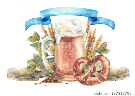 Mug of beer and bretzel against ingredients for natural Bavarian drink with blue ribbon on the top. Oktoberfest traditional shoes, green hops and ears, grains of malt. Isolated hand drawn illustration 127515793