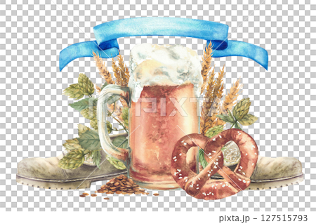 Mug of beer and bretzel against ingredients for natural Bavarian drink with blue ribbon on the top. Oktoberfest traditional shoes, green hops and ears, grains of malt. Isolated hand drawn illustration 127515793