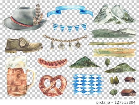 Oktoberfest food drinks and clothes. Bavarian hat, boots, Charivari. Germany beer, pretzel, and grilled sausage. Landscape elements of Zugspitze mountain. Hand painted watercolor isolated illustration 127515804
