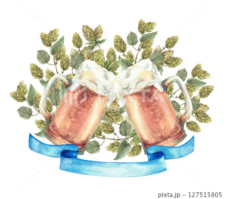 Toast of two beer mugs with blue ribbon below against a backdrop of hop green branches. Realistic watercolor hand drawn cheers beer glasses isolated illustration. Oktoberfest, eco brewery label design Toast of two beer mugs with blue ribbon below against a backdrop of hop green branches. Realistic watercolor hand drawn cheers beer glasses isolated illustration. Oktoberfest, eco brewery label design 127515805