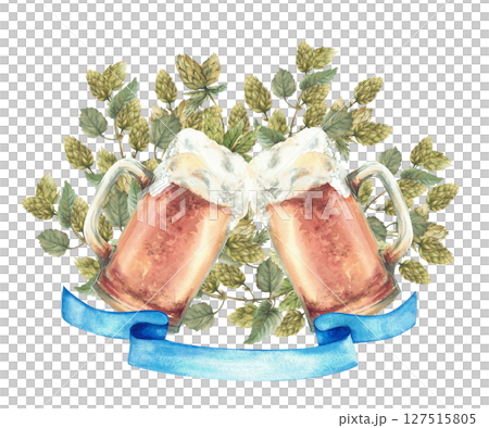 Toast of two beer mugs with blue ribbon below against a backdrop of hop green branches. Realistic watercolor hand drawn cheers beer glasses isolated illustration. Oktoberfest, eco brewery label design Toast of two beer mugs with blue ribbon below against a backdrop of hop green branches. Realistic watercolor hand drawn cheers beer glasses isolated illustration. Oktoberfest, eco brewery label design 127515805