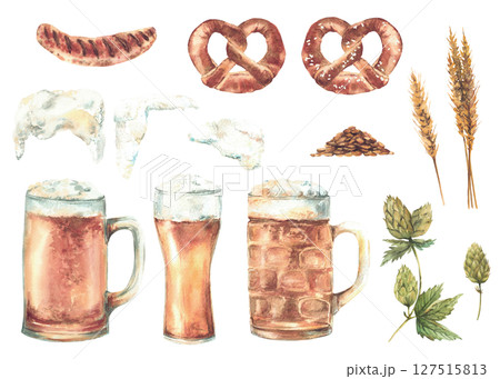 Germany drink and snack set. Mug and glass of beer with foam with traditional salted pretzel, sausage, malt and hops natural ingredients for brewing. Watercolor hand painted Isolated illustration 127515813