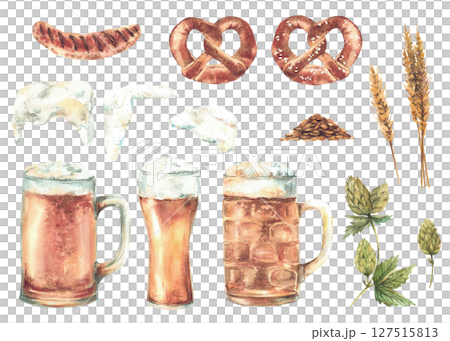 Germany drink and snack set. Mug and glass of beer with foam with traditional salted pretzel, sausage, malt and hops natural ingredients for brewing. Watercolor hand painted Isolated illustration 127515813