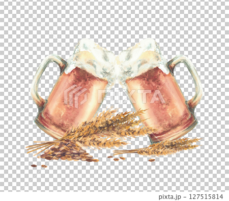 Beer mugs making cheers with ears and grains of malt. Hand painted watercolor two glasses of light beer toasting Natural foamy beverage with brewing ingredients for drink menu, brewery label. Isolated 127515814