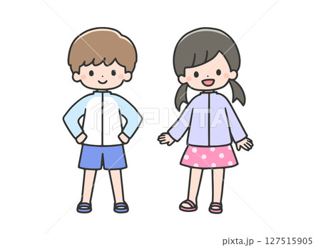 水着とラッシュガードを着ている子どもたちのイラスト素材 [127515905
