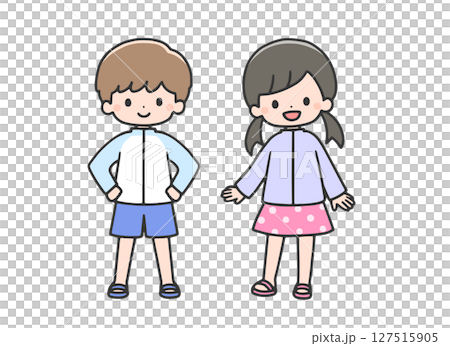 Children wearing swimsuits and rash guards Children wearing swimsuits and rash guards 127515905