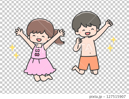 Children in swimsuits jumping with smiles 127515907