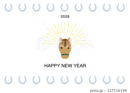 馬の顔と蹄鉄のラインの2026年賀状デザイン 馬の顔と蹄鉄のラインの2026年賀状デザイン 127516194