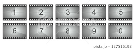 Countdown movie frame, film intro animation retro video screen. Start Timer set, film strip border, Vintage counter. 127516198