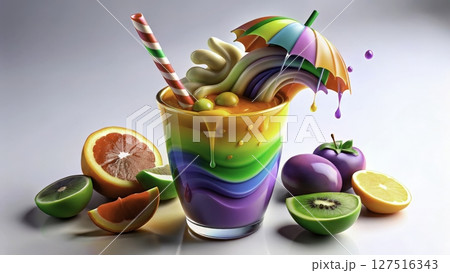 Colorful dessert beverage with rainbow swirls and fruit garnishes in a bright setting 127516343