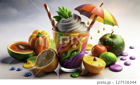 Colorful dessert with vibrant fruit arrangement highlights creativity and fun in sweet treats 127516344