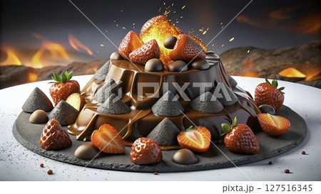 Delicious chocolate dessert shaped like a volcano with strawberries at a festive gathering 127516345