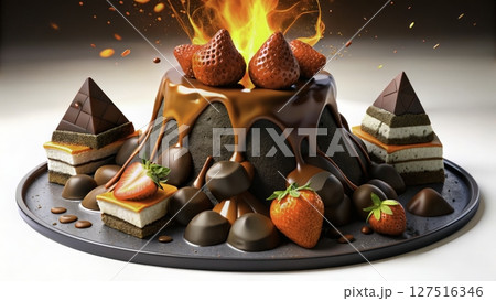 Chocolate volcano dessert with strawberries and chocolate pyramids on display in a modern kitchen setting 127516346