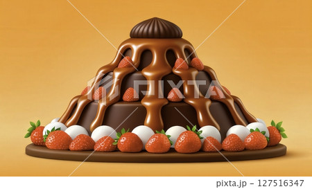 Chocolate volcano cake decorated with fresh strawberries and cream on a vibrant orange background 127516347