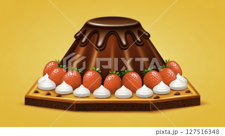 Delicious chocolate dessert topped with strawberries and whipped cream on a vibrant orange background 127516348