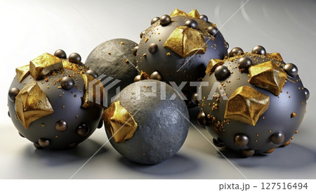 Elegant dessert creation displaying round treats adorned with metallic accents in a minimalist setting 127516494