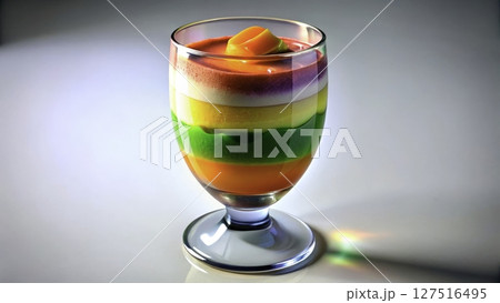 Colorful layered dessert served in a glass with vibrant rainbow colors and a candy on top 127516495
