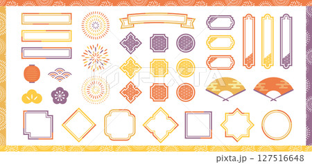 秋の和風あしらいイラスト装飾セット。和柄のフレームや花火のイラスト。 秋の和風あしらいイラスト装飾セット。和柄のフレームや花火のイラスト。 127516648