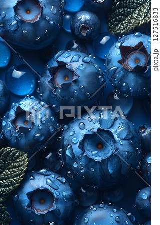 Fresh blueberries with droplets of water, surrounded by vibrant blue gems and green leaves, showcasing the natural beauty and freshness of this delicious fruit in a visually appealing arrangement 127516833