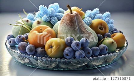 Colorful fruit arrangement with blue decorations showcasing fresh pears, apricots, and blueberries on a decorative dish 127516871
