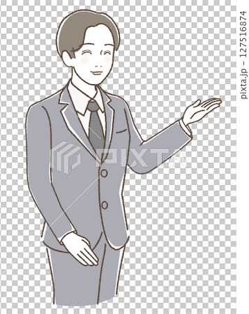 A man in a suit giving directions with a smile and raising his hand 127516874