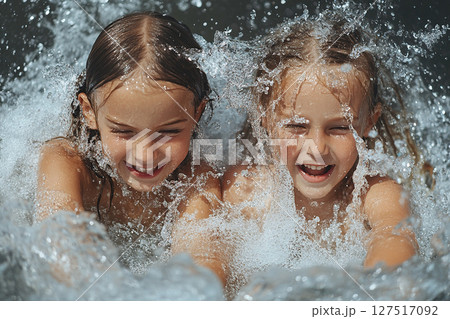 Close-up of two little girls laughing in splashing water. 127517092