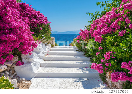 Greek architecture with white steps and pink flower beds. Magnificent sea view. Summer holidays in Greece. Created by artificial intelligence Greek architecture with white steps and pink flower beds. Magnificent sea view. Summer holidays in Greece. Created by artificial intelligence 127517093