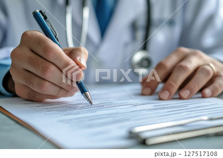 Male doctor's hands holding pen over medical documents. Health insurance. 127517108