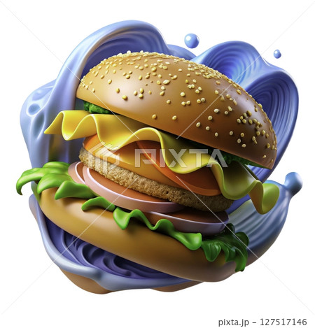 Colorful burger with fresh ingredients and a playful backdrop featuring blue swirl design, showcasing culinary creativity 127517146