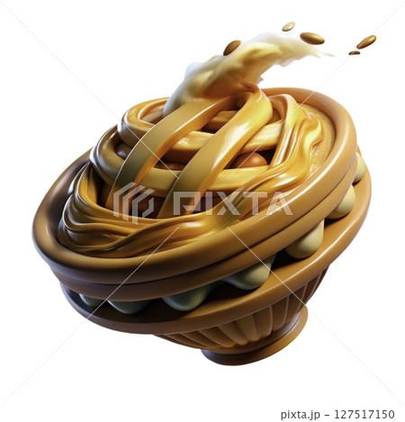 Delicious dessert bowl filled with a swirl of caramel, rich cream and delicious toppings for a delightful treat 127517150