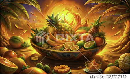 Colorful fruit display in a tropical paradise at sunset with vivid colors and warm light 127517151