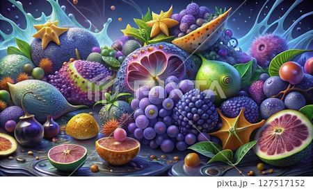 Colorful fruit arrangement showcasing exotic varieties with vibrant colors and unique shapes in a surreal setting 127517152