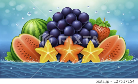 Fresh fruit arrangement with vibrant colors and textures showcasing berries, melons, and starfruit in a water setting Fresh fruit arrangement with vibrant colors and textures showcasing berries, melons, and starfruit in a water setting 127517154