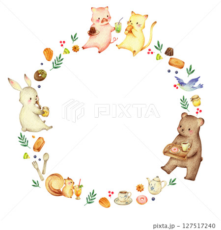 スイーツとスイーツを食べる動物たちのフレーム 手描き色鉛筆画 スイーツとスイーツを食べる動物たちのフレーム 手描き色鉛筆画 127517240