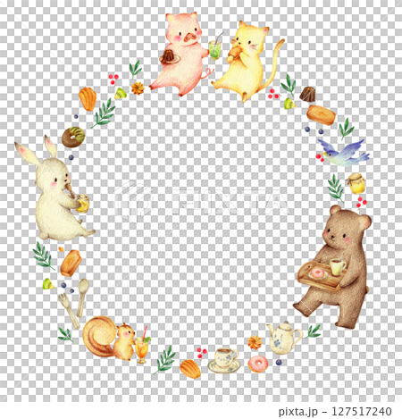 スイーツとスイーツを食べる動物たちのフレーム 手描き色鉛筆画 スイーツとスイーツを食べる動物たちのフレーム 手描き色鉛筆画 127517240