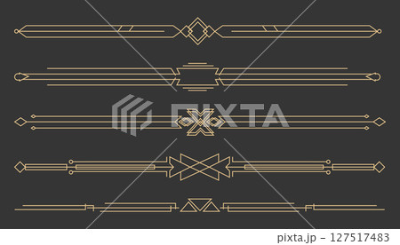 Art deco golden retro divider, border. Line frame vintage geometry gold elegant decoration. Set ornate decor elements. 127517483
