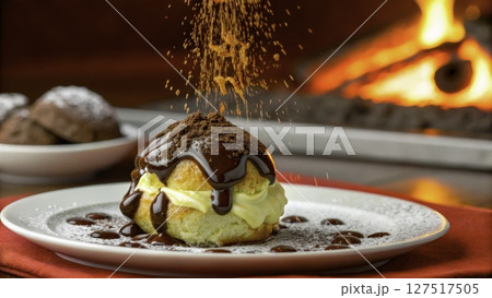 Dessert preparation featuring a cream-filled pastry drizzled with chocolate sauce beside a cozy fireplace 127517505