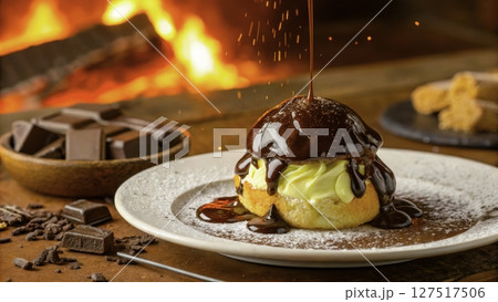 Delicious dessert topped with chocolate sauce served by a warm fire in a cozy setting 127517506
