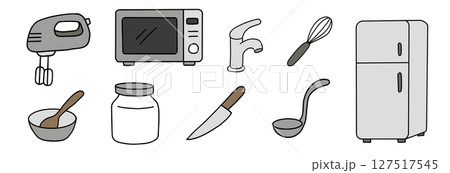 Kitchenware hand drawn doodle collection, Kitchen appliances and utensils in a simple illustration. 127517545