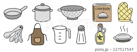 Kitchenware hand drawn doodle collection, Kitchen utensils and cooking tools illustrated in a simple style. 127517547