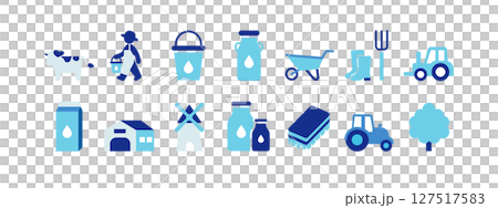 Dairy farming and agriculture icon set (cow, milk, farm machinery, farmer, tractor, landscape) 127517583