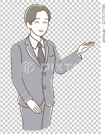 一位面帶微笑的中年男子舉手為人們指引方向 127517588