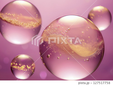 球体の液体の中で気泡と金粉　複雑に成分イメージ　ピンク色 127517758