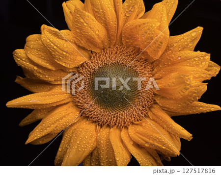Macro Sunflower with Dewdrops on Petals Against Black Background 127517816