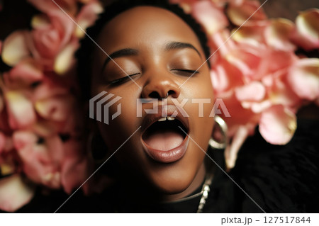 beautiful black woman screaming during orgasm and sex on red rose flowers petals in bed beautiful black woman screaming during orgasm and sex on red rose flowers petals in bed 127517844