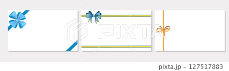 Blank gift card templates with colorful bows. Satin ribbons. Decorative lace frame. Birthday present. Holiday bands. Anniversary celebration postcard design. Festive borders vector set 127517883