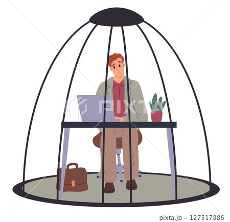 Businessman works tiredly in metal birdcage. Overworked sad man sitting at computer desk in cage. Hopelessness and burnout tired employee. Trapped worker. Office prison. Vector concept Businessman works tiredly in metal birdcage. Overworked sad man sitting at computer desk in cage. Hopelessness and burnout tired employee. Trapped worker. Office prison. Vector concept 127517886